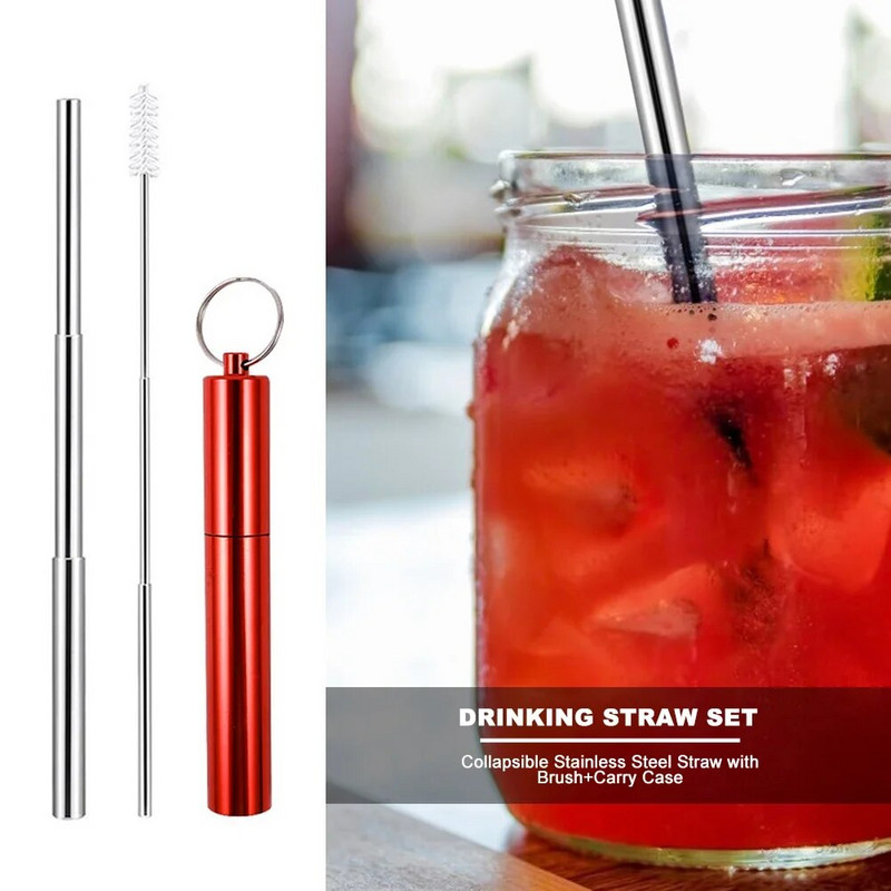 2 kompleta slamki od nehrđajućeg čelika za višekratnu upotrebu s četkom za čišćenje, torbica s privjeskom za ključeve, sklopiva teleskopska slamka za čaj s mlijekom, pribor za piće