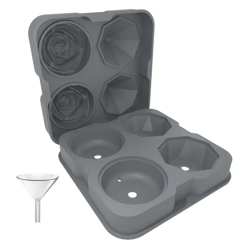 Rožės deimanto formos ledo kubelių formelės viskio vyno atvėsinimui ledų gaminimo aparatas daugkartinio naudojimo ledo kubelių padėklo formos šaldikliui su dangteliu