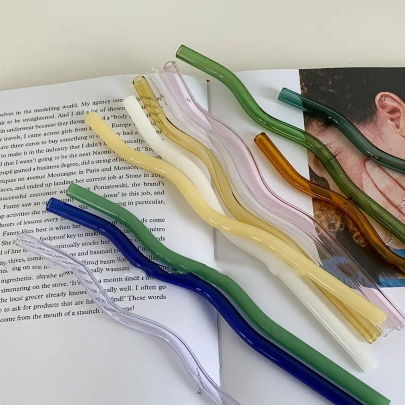 1 vnt didelio borosilikatinio stiklo šiaudeliai Ekologiški daugkartinio naudojimo bangos formos gėrimo šiaudeliai kokteiliams kokteilių baro priedai