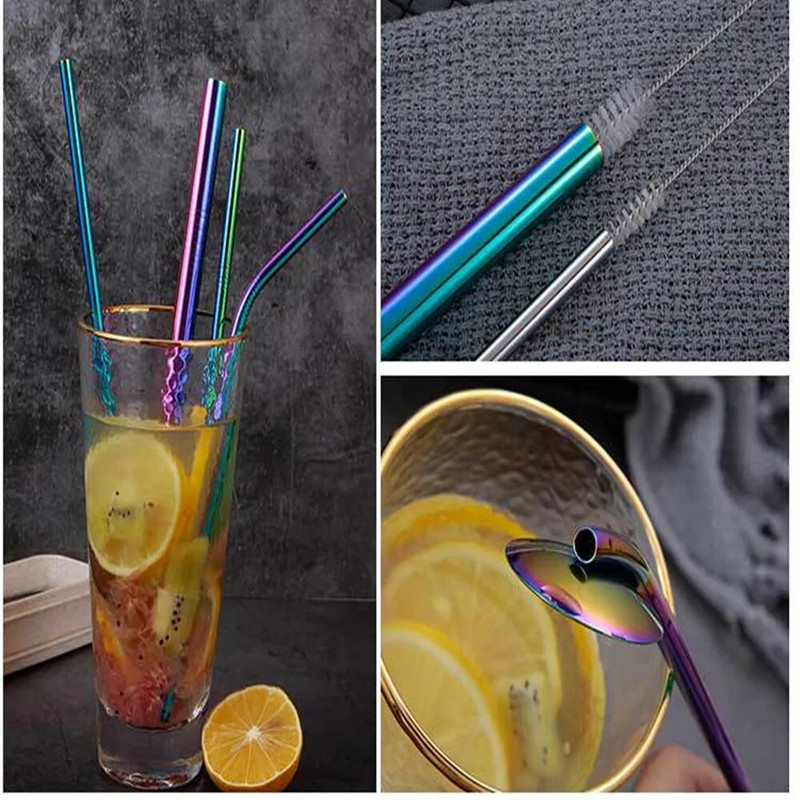 LINSBAYWU daugkartinio naudojimo geriamieji šiaudeliai 304 nerūdijančio plieno šiaudeliai tiesūs išlenkti metaliniai šiaudeliai su valymo šepečiu, laikymo dėžutės strypo įrankiai