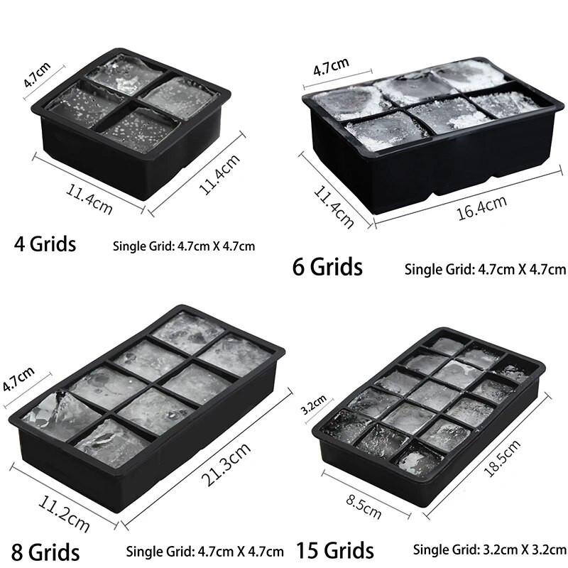 4/6/8/15 Grid Big Ice Tray Mold Box Μεγάλη ποιότητας τροφίμων σιλικόνης Τετράγωνος δίσκος καλουπιών για παγοθήκες Diy Bar Pub Wine Ice Blocks Maker Model