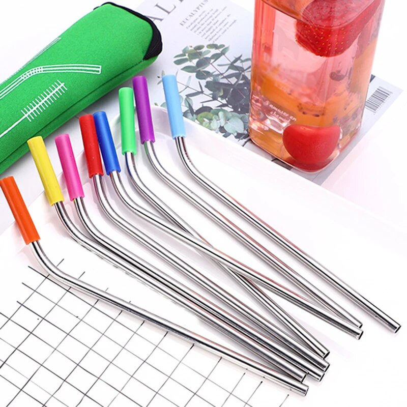 Opakovane použiteľné slamky z nehrdzavejúcej ocele, rovné ohnuté slamky na pitie so silikónovými špičkami na horúce a studené nápoje, barové náradie, veľkoobchod