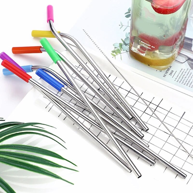 Opakovane použiteľné slamky z nehrdzavejúcej ocele, rovné ohnuté slamky na pitie so silikónovými špičkami na horúce a studené nápoje, barové náradie, veľkoobchod