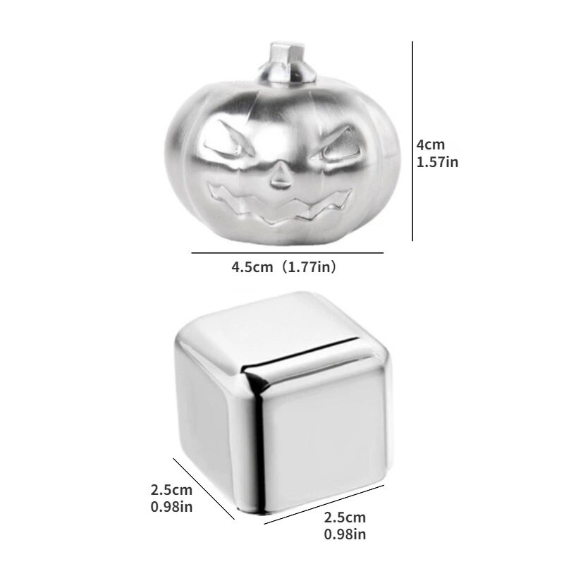 3D moliūgo kvadrato formos aušinimo akmuo Maisto klasės 304 nerūdijančio plieno viskis Sake Shochu pakartotinio naudojimo aušintuvo strypo įrankis metalinis ledo kubelis