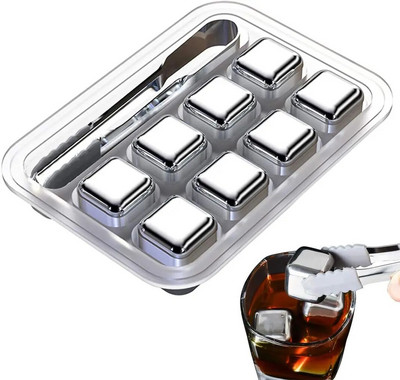 1 Piece Stainless Steel Ice Cubes Reusable, Whiskey Ice Cubes Set with Silicone Head Tongs and Freezer Storage Tray  for Whiskey