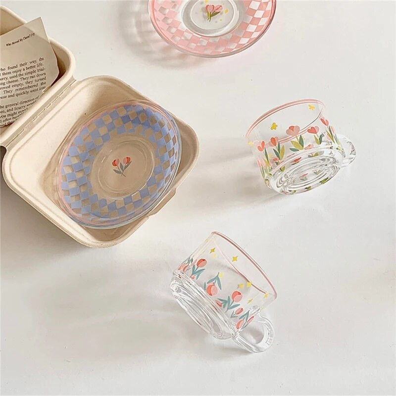 Kūrybiškas kavos puodelių lėkštučių rinkinys Korėjietiški puodeliai Rankomis dažyti augalai Gėlės kavos puodelis Namų virtuvė Geriamųjų reikmenų espreso puodeliai