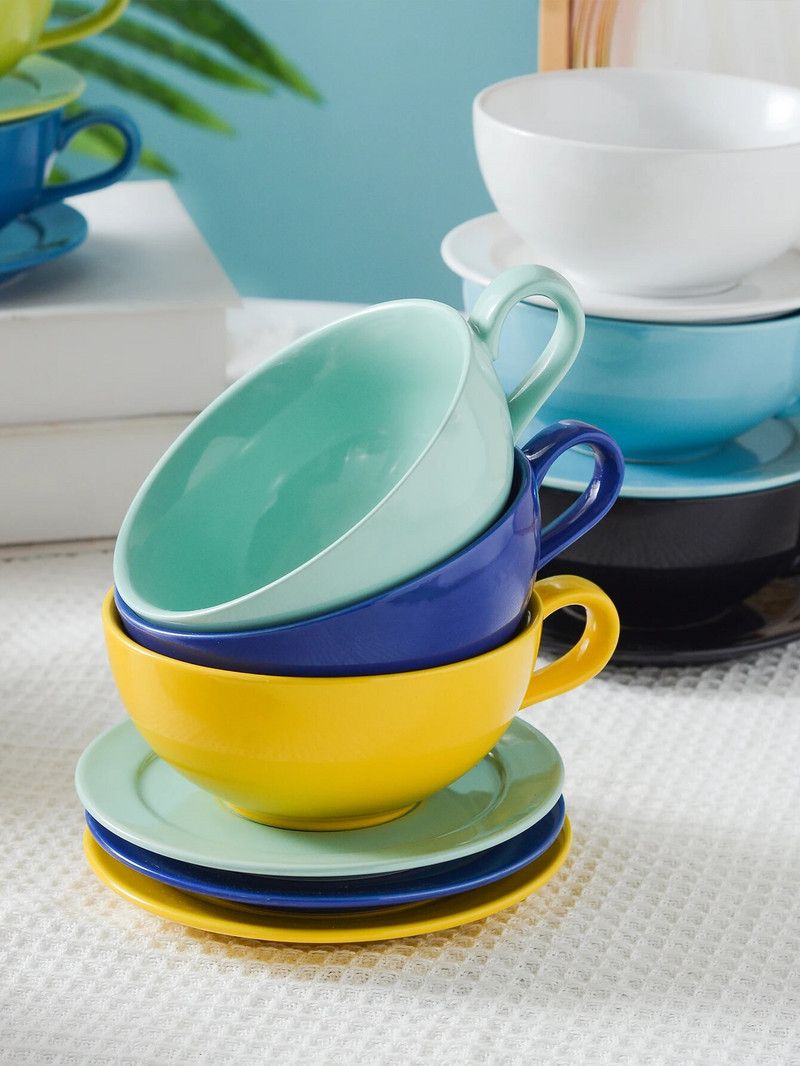 1vnt porcelianinis puodelis ir 1vnt lėkštė, modernus vienspalvių kavos puodelių rinkinys namams, biurui