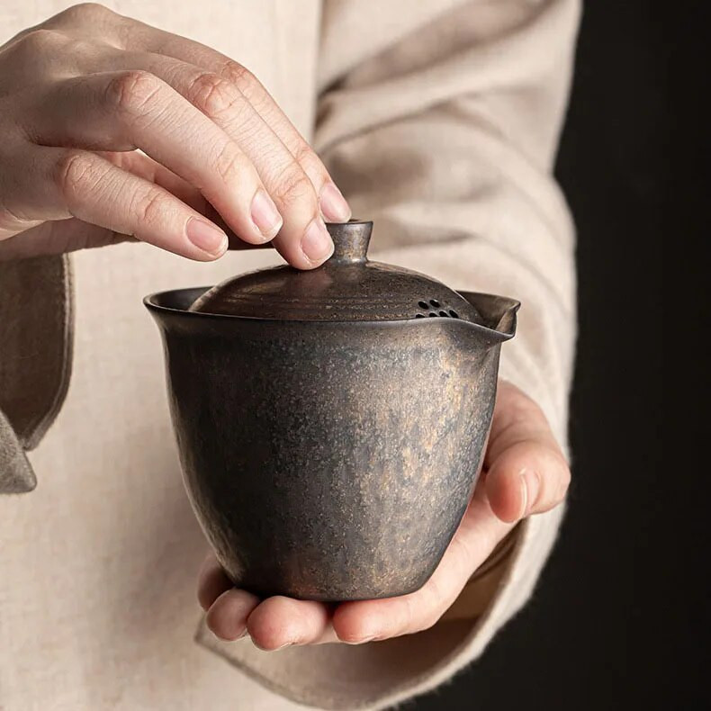 200 ml Hiina stiilis kullatud glasuuriga keraamiline tee Tureen Retro käeshoitav pott Käsitsi valmistatud jämekeraamika teekeetja Gaiwan Kung Fu teekomplekt