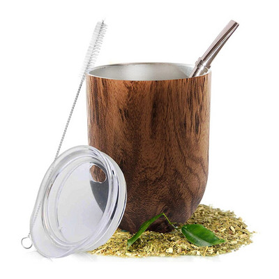 Σετ φλιτζάνι τσαγιού Yerba Mate Gourd 12Oz, Ανοξείδωτο Φλιτζάνι Νερού Καφέ Διπλού Τοίχου με Καπάκι 1 Bombillas Straws Φίλτρο Κουτάλι&Βούρτσα