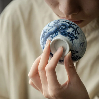 Ρετρό Αντίκα Μπλε και Λευκό Underglaze Χρώμα Dragon Gaiwan Κινέζικο μπολ παρασκευής τσαγιού Kungfu Bowl οικιακής χρήσης