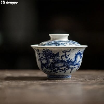 Ρετρό Αντίκα Μπλε και Λευκό Underglaze Χρώμα Dragon Gaiwan Κινέζικο μπολ παρασκευής τσαγιού Kungfu Bowl οικιακής χρήσης