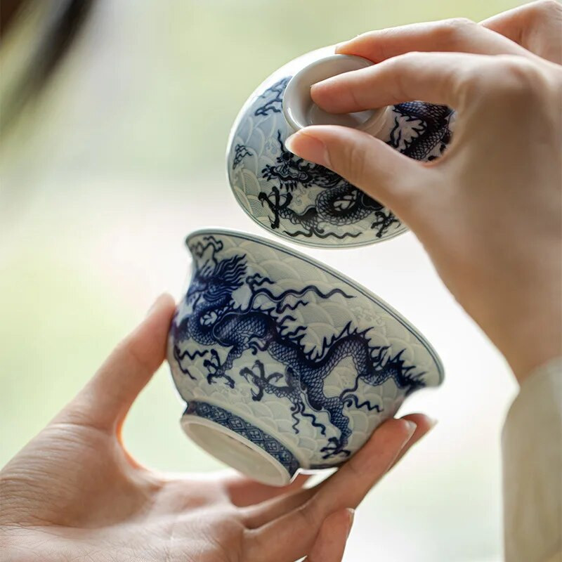 Ρετρό Αντίκα Μπλε και Λευκό Underglaze Χρώμα Dragon Gaiwan Κινέζικο μπολ παρασκευής τσαγιού Kungfu Bowl οικιακής χρήσης