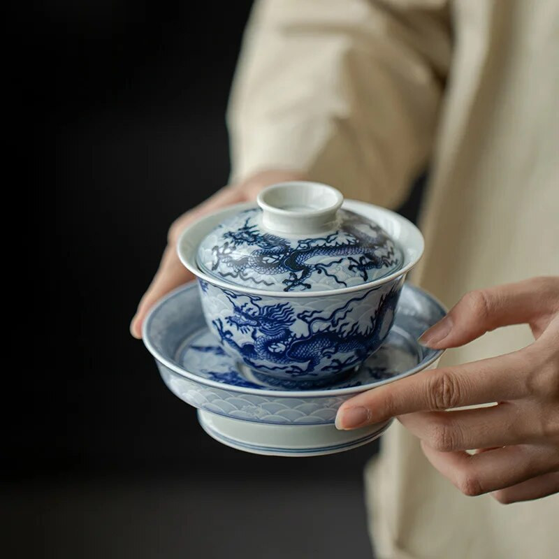 Ρετρό Αντίκα Μπλε και Λευκό Underglaze Χρώμα Dragon Gaiwan Κινέζικο μπολ παρασκευής τσαγιού Kungfu Bowl οικιακής χρήσης