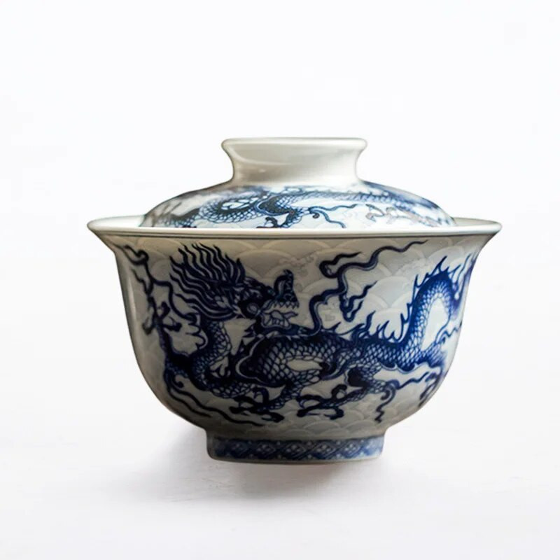 Ρετρό Αντίκα Μπλε και Λευκό Underglaze Χρώμα Dragon Gaiwan Κινέζικο μπολ παρασκευής τσαγιού Kungfu Bowl οικιακής χρήσης