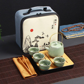 Преносим керамичен комплект за чай с чанта, чайник за пътешествие, чаши чай Gaiwan с чаена церемония, китайски кунг-фу чайник