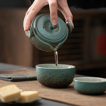 Керамичен сервиз за чай Gongfu за пътуване - прекрасен комплект китайски чайник с 2 чаени чаши, преносим калъф за носене