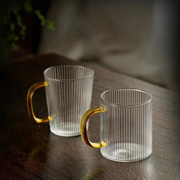Оребрена стъклена чаша за пиене на вода за сок с дръжка с вертикални ивици, боросиликатна термоустойчива чаша за кафе, чаша за уиски, чаша за чаша