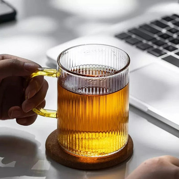 Оребрена стъклена чаша за пиене на вода за сок с дръжка с вертикални ивици, боросиликатна термоустойчива чаша за кафе, чаша за уиски, чаша за чаша