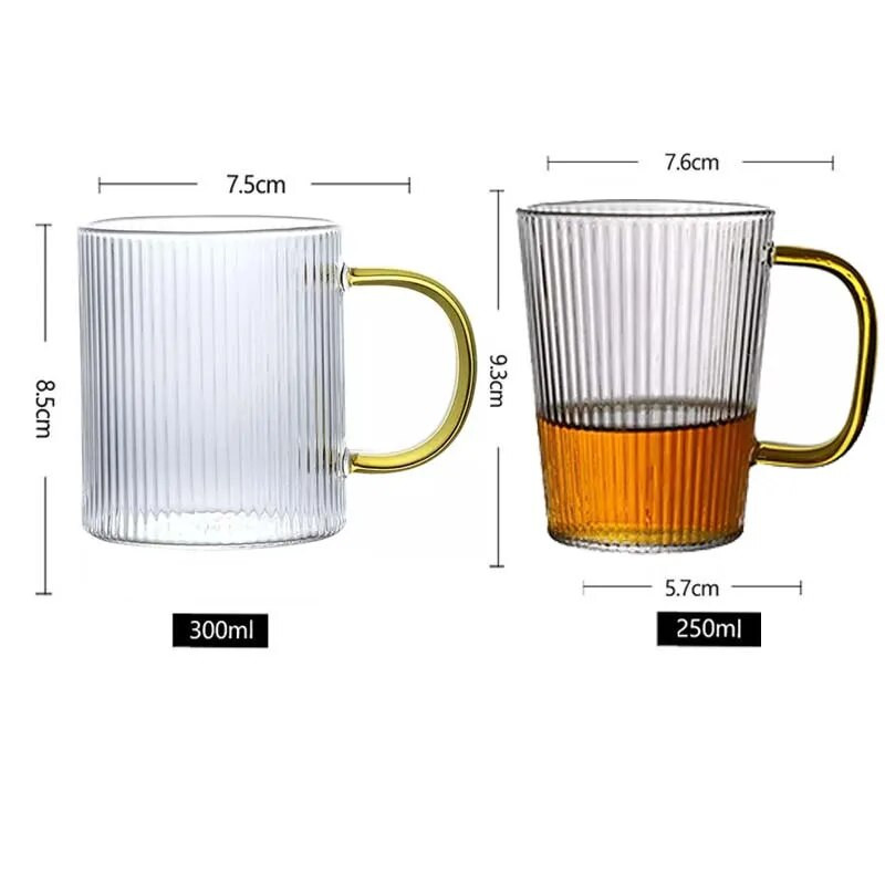 Briaunuotų sulčių vandens geriamojo stiklo puodelis su rankena Vertikalus dryžuotas borosilikatinis karščiui atsparus kavos puodelis Viskio taurelės stiklas