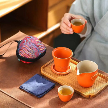 Пътуващ комплект керамични тенджери за чай с инфузер за чай 1 тенджера 2 мини чаши Китайска чаша за чай Gung Fu Преносима чанта за домашен офис Пикник на открито