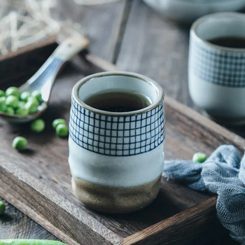 Творчески ретро японски стил Керамична чаша за супа Груба керамика Ръчно рисувана решетъчна шарка Чаша за кафе Чаша за кафе Чаши за вино Съдове за напитки