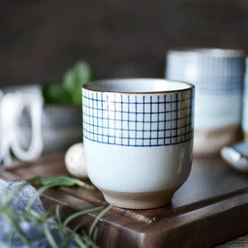 Творчески ретро японски стил Керамична чаша за супа Груба керамика Ръчно рисувана решетъчна шарка Чаша за кафе Чаша за кафе Чаши за вино Съдове за напитки