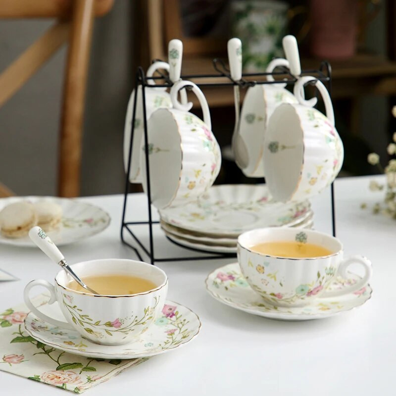 Holaroom Set de farfurii de cești în stil pastoral nordic, ceai practic parfumat, ceai de cafea din ceramică, ceașcă de băut cu apă, veselă de bucătărie