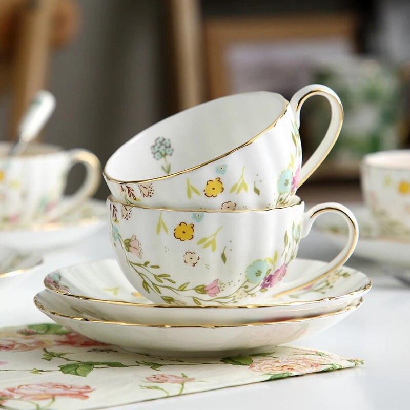 Holaroom Set de farfurii de cești în stil pastoral nordic, ceai practic parfumat, ceai de cafea din ceramică, ceașcă de băut cu apă, veselă de bucătărie