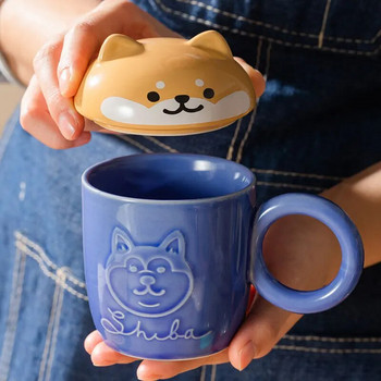 Χαριτωμένο Cartoon Panda Hedgehog Cat Dog Cup με καπάκι και λαβή με δαχτυλίδι Κεραμικές εξατομικευμένες κούπες ζώων για καφέ τσάι Γάλα Αστείο δώρο