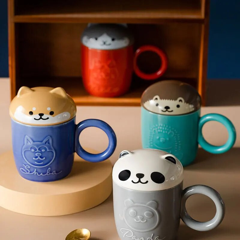 Jauka multfilma Panda ezis kaķu kauss ar vāku un gredzena rokturi, keramikas personalizētas dzīvnieku krūzes kafijas tējai pienam, smieklīga dāvana