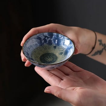1 БР. Ретро синя и бяла порцеланова конусна чаша за чай против нагар, ръчно рисувана керамична купа за чай Чаши за медитация при пътуване Чаен комплект