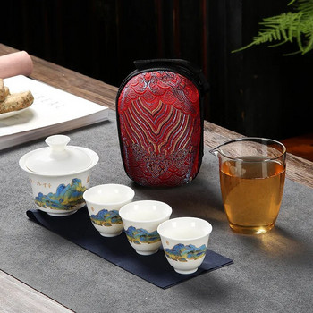 Πιατικά Κεραμικές τσαγιέρες με 3 φλιτζάνια τσαγιού Πορσελάνη Gaiwan Kung Fu Teaset Φορητό σετ τσαγιού ταξιδιού Σετ τσαγιού Drinkware Gifts