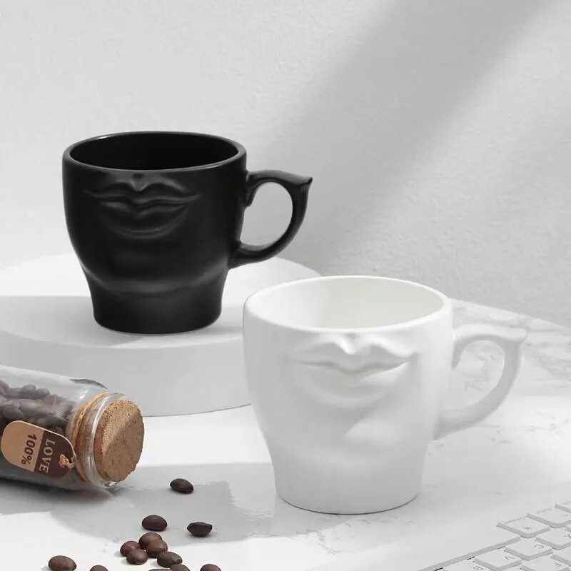 Kreativne 3D usta Mat keramičke šalice za kavu Bijelo crne porculanske šalice za čaj s mlijekom Kuhinjsko posuđe Smiješni darovi za prijatelje Par