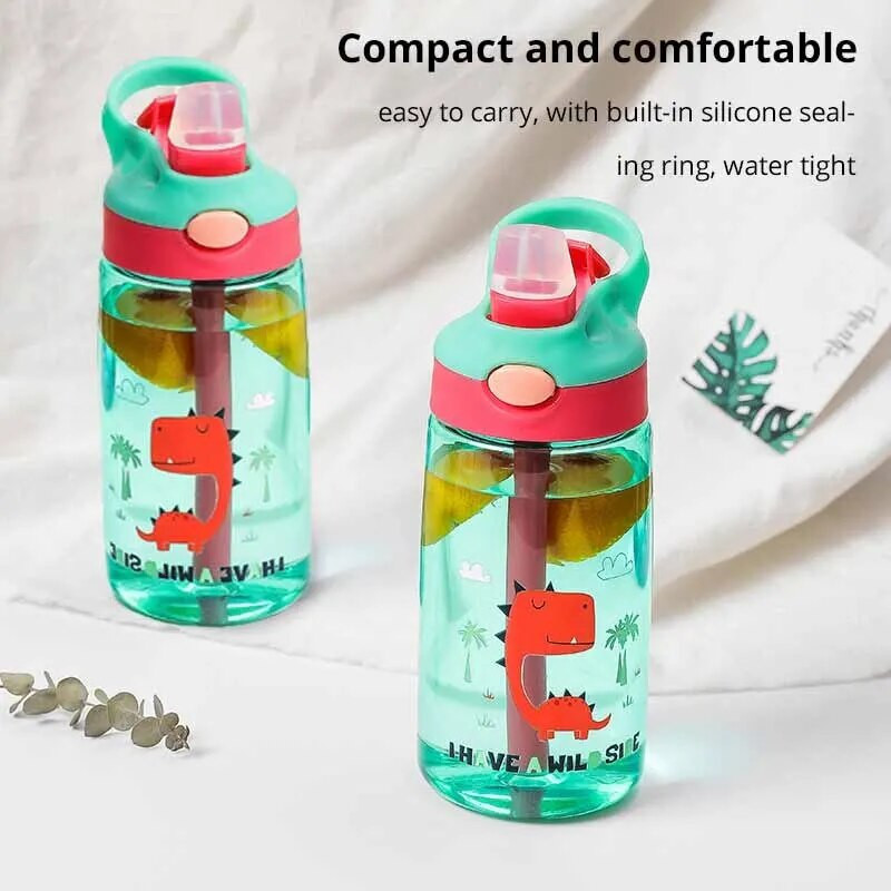 1 vnt. žalias 480 ml nešiojamasis vandens butelis vaikams Vaikų vandens buteliai Kūrybiški animaciniai kūdikių puodeliai su šiaudeliais, nepralaidūs