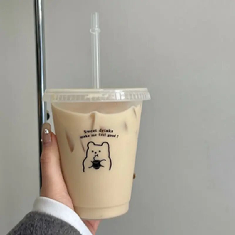 Plastikinis šiaudų puodelis didelės talpos patogus puodelis gerti Kavą Pieną Arbatos Gėrimai Vasaros animacinių filmų meškos gėrimo įrankiai