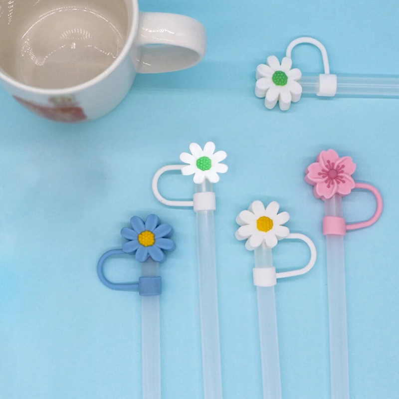 4 kom. Silikonski poklopac od slamčice u obliku cvijeća, slamkasti poklopac otporan na prašinu, za višekratnu upotrebu, simpatičan dodatak za šalicu s vrhom slamčice za sve slamke od 10 mm