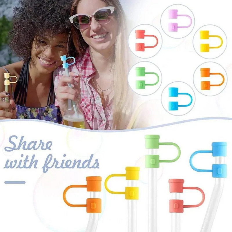 24 τεμ. Κάλυμμα με καλαμάκια σιλικόνης Επαναχρησιμοποιήσιμα καπάκια από άχυρα πολύχρωμη τάπα από σκόνη Φορητή σιλικόνη