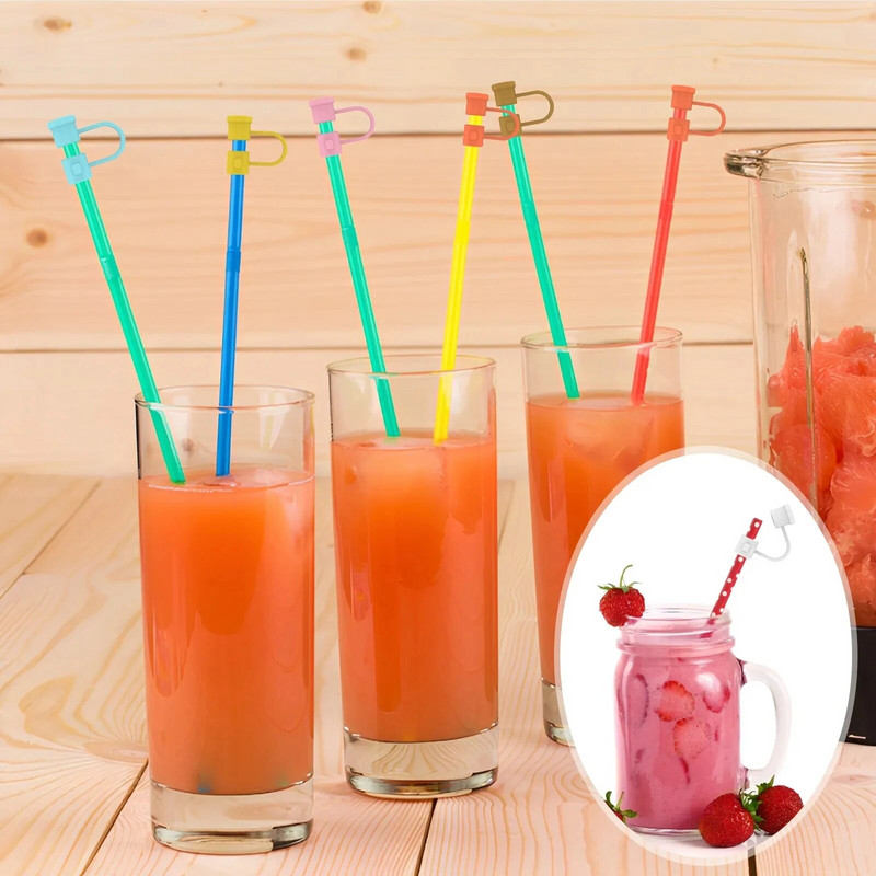 24 τεμ. Κάλυμμα με καλαμάκια σιλικόνης Επαναχρησιμοποιήσιμα καπάκια από άχυρα πολύχρωμη τάπα από σκόνη Φορητή σιλικόνη