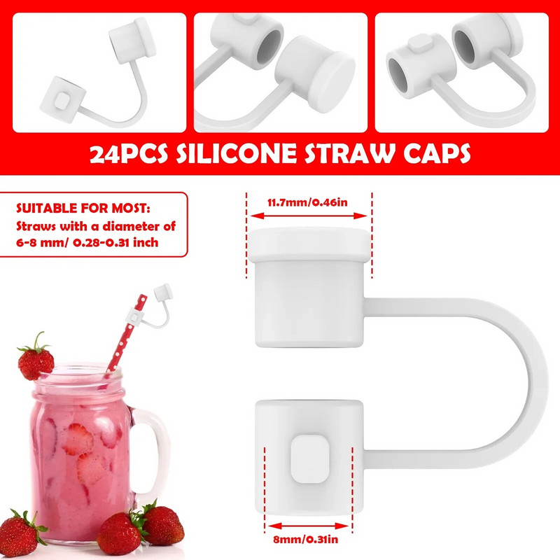 24 τεμ. Κάλυμμα με καλαμάκια σιλικόνης Επαναχρησιμοποιήσιμα καπάκια από άχυρα πολύχρωμη τάπα από σκόνη Φορητή σιλικόνη