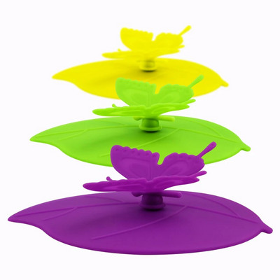 ME.FAM Fashion Colorful Lovely 3D Butterfly + Φύλλα Κάλυμμα Κυπέλλου Σιλικόνης 10,5 cm Καπάκι Σφραγίδα με προστασία από τη σκόνη Γυάλινο Κεραμικό Πλαστικό Καπάκι Κούπας