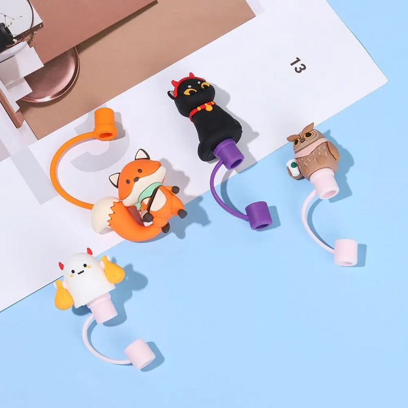 1 PC Creative σιλικονούχο πώμα από ψάθινο κάλυμμα με άχυρο κάλυμμα επαναχρησιμοποιούμενο, ανθεκτικό στη σκόνη, κάλυμμα πόσιμου κινουμένων σχεδίων, γυάλινο κύπελλο αξεσουάρ