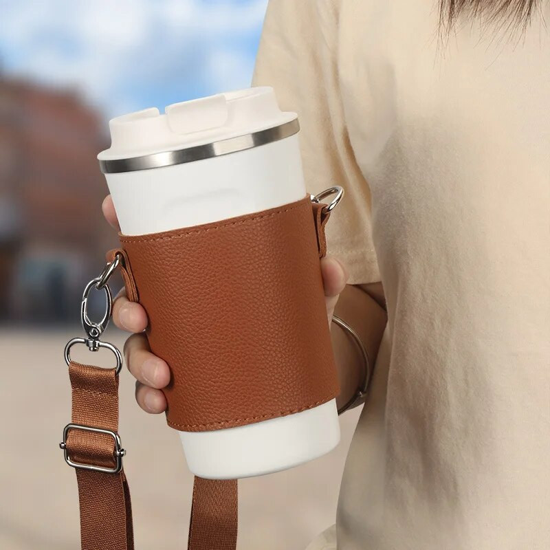 Nešiojamas kavos odinis puodelio laikiklis, lydimas pakuotės pieno arbatos puodelio juosta - kūno dirželis vandens puodelio maišelio apsauginis gėrimo dangtelis