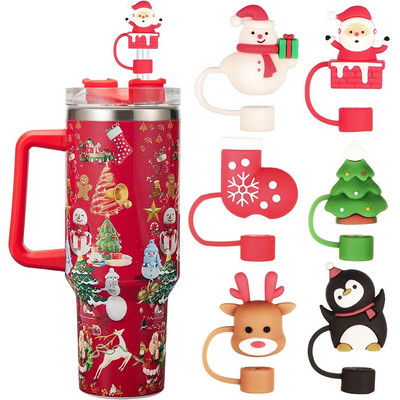 6PCS Božićna slamnata kapa za zaštitu od silikonske slamke za Stanley šalicu za Stanley čašu s ručkom 10 mm slamka za piće