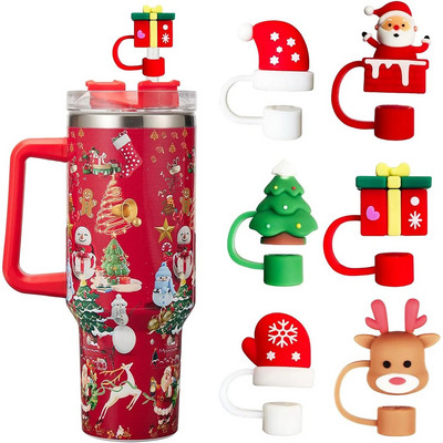 6PCS Božićna slamnata kapa za zaštitu od silikonske slamke za Stanley šalicu za Stanley čašu s ručkom 10 mm slamka za piće