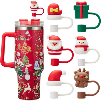 6PCS Božićna slamnata kapa za zaštitu od silikonske slamke za Stanley šalicu za Stanley čašu s ručkom 10 mm slamka za piće