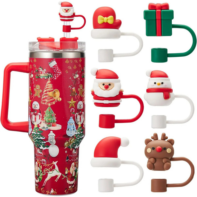 6PCS Božićna slamnata kapa za zaštitu od silikonske slamke za Stanley šalicu za Stanley čašu s ručkom 10 mm slamka za piće
