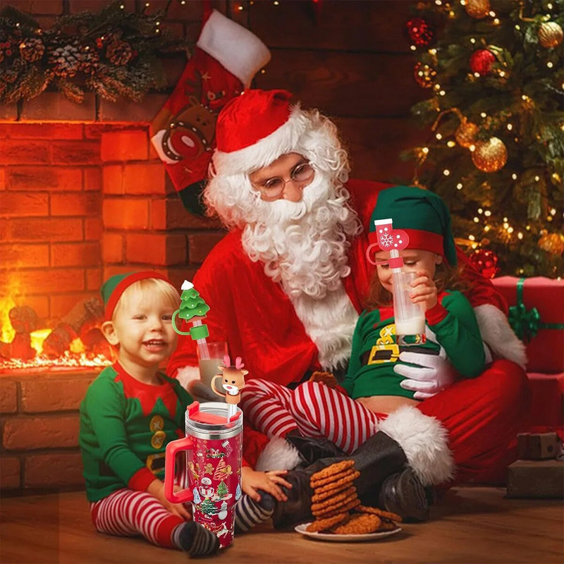 6PCS Božićna slamnata kapa za zaštitu od silikonske slamke za Stanley šalicu za Stanley čašu s ručkom 10 mm slamka za piće