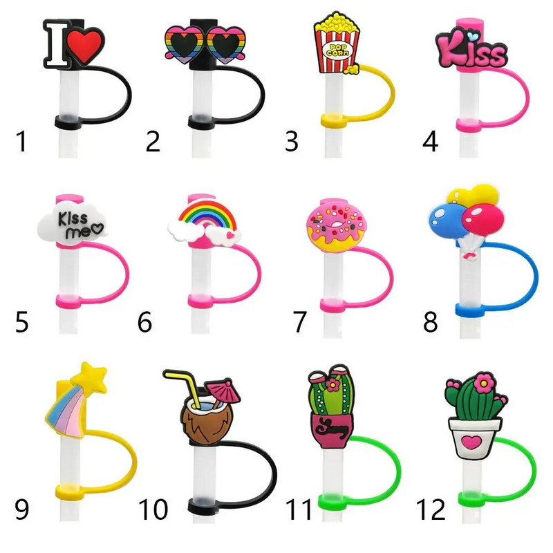 Kūrybinis silikoninis stiklo šiaudelių kamštis, daugkartinio naudojimo, hermetiškas, purslams atsparus dulkėms šiaudų kištukas Animacinio filmo šiaudinio dangtelio antgalių priedas