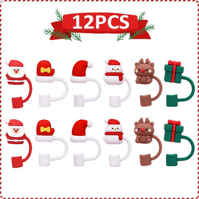 6/12 vnt. Kalėdų šiaudiniai dangteliai Mieli Kalėdų senelio sniego senelio silikoniniai šiaudinių kištukų antgaliai dangtelis Daugkartinio naudojimo dulkėms atsparus puodelio dangtelis namų vakarėlio dekoravimui