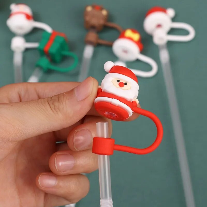 6/12 vnt. Kalėdų šiaudiniai dangteliai Mieli Kalėdų senelio sniego senelio silikoniniai šiaudinių kištukų antgaliai dangtelis Daugkartinio naudojimo dulkėms atsparus puodelio dangtelis namų vakarėlio dekoravimui